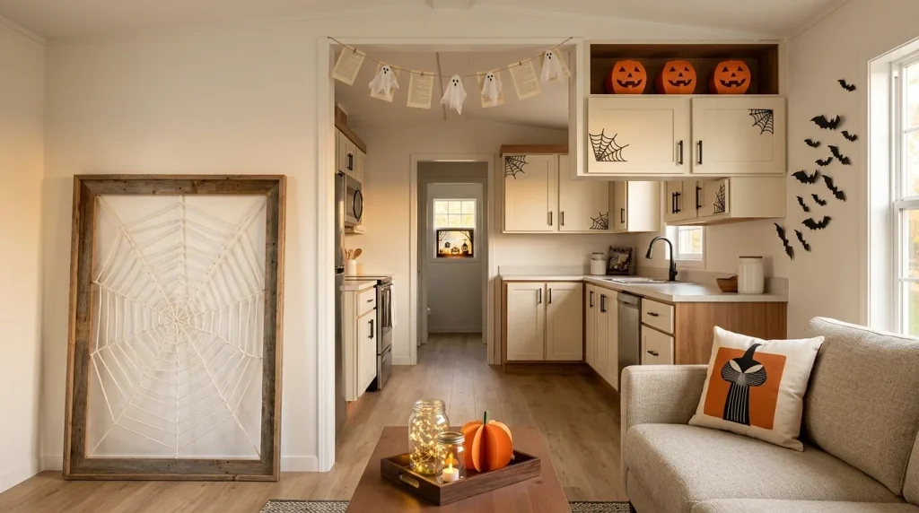 Feature image showing handmade DIY Halloween decor styled across a compact single-wide mobile home living room and kitchen.