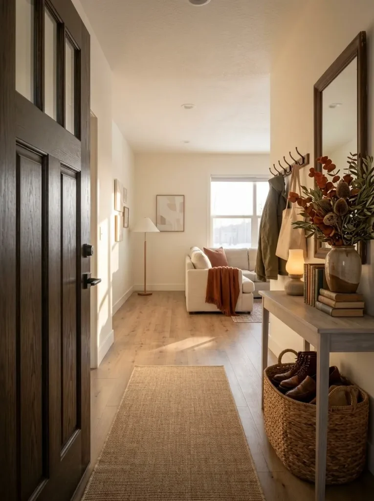 Finished small fall mobile home entryway with clear circulation, organized storage, one focal autumn arrangement, and a connected living room beyond.