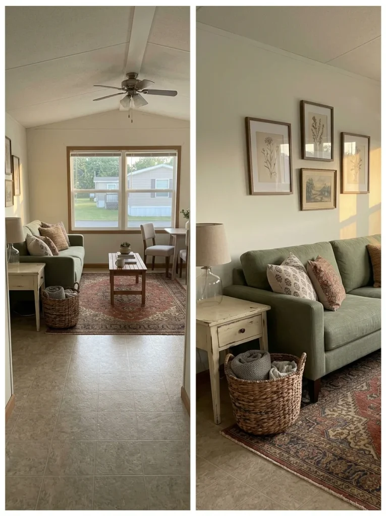 Two-view photo test of a finished budget mobile home living room from the doorway and main seating position.