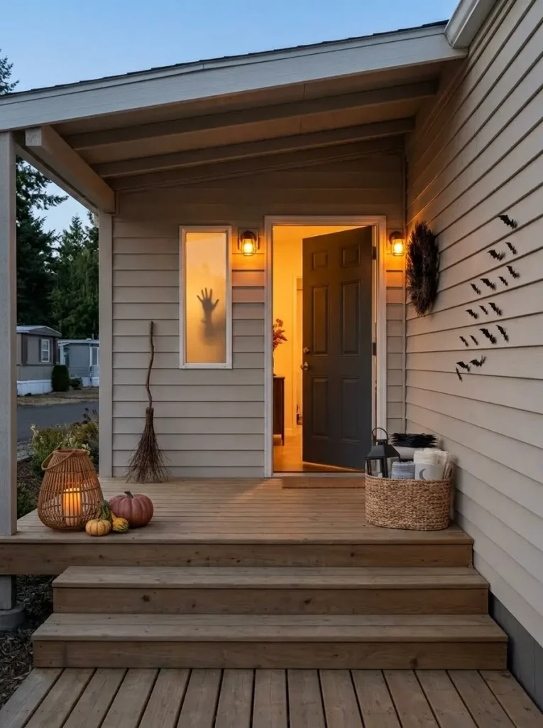 Finished small mobile home Halloween entryway at dusk with a clear path, open door, bats, pumpkins, lanterns and warm lighting.