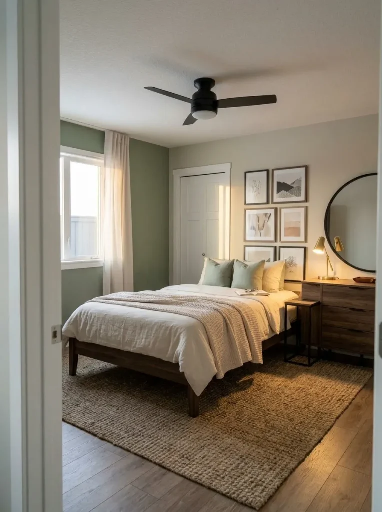 Finished mobile home bedroom viewed from the doorway with clear circulation, layered bedding, restrained storage, and balanced decor.