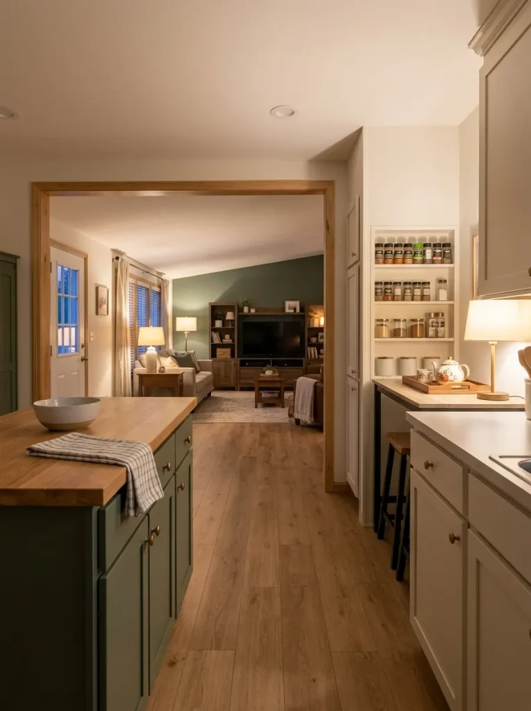 Finished mobile home interior shows coordinated weekend projects from the kitchen through dining and living areas.