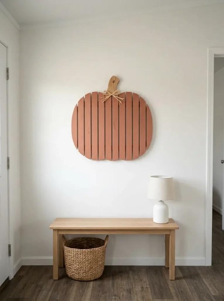 Flat wood-slat pumpkin mounted above a narrow bench in a small mobile home without using floor or tabletop space.