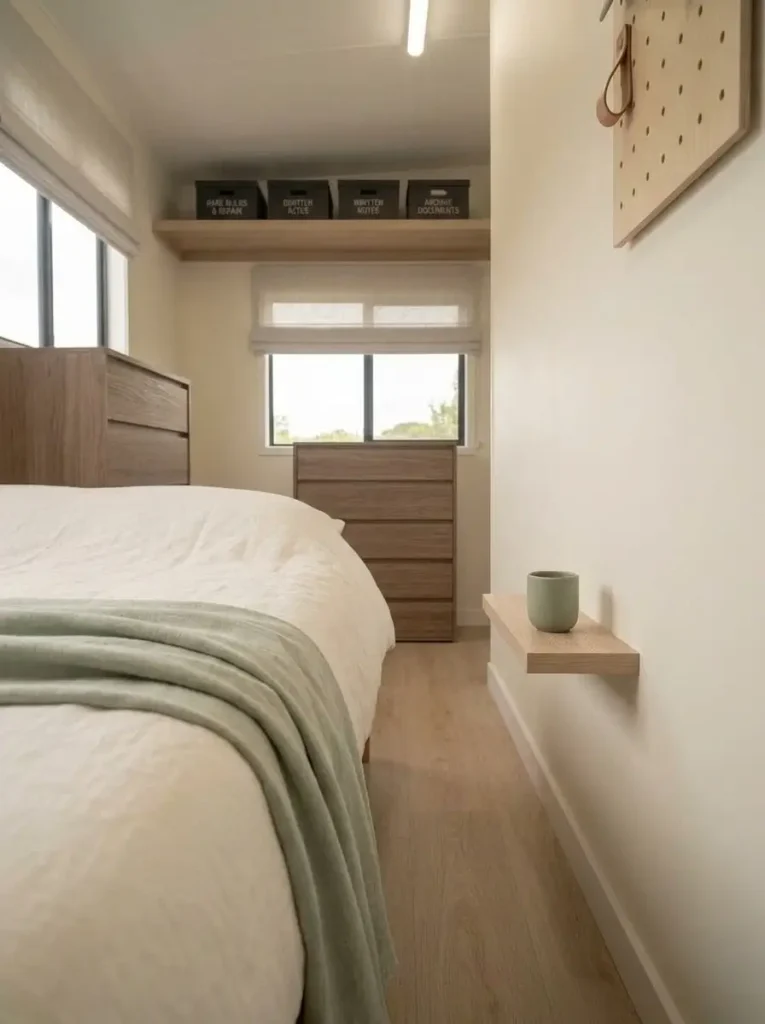 Slim floating bedside shelf leaving the floor open beside the bed in a narrow mobile home bedroom.