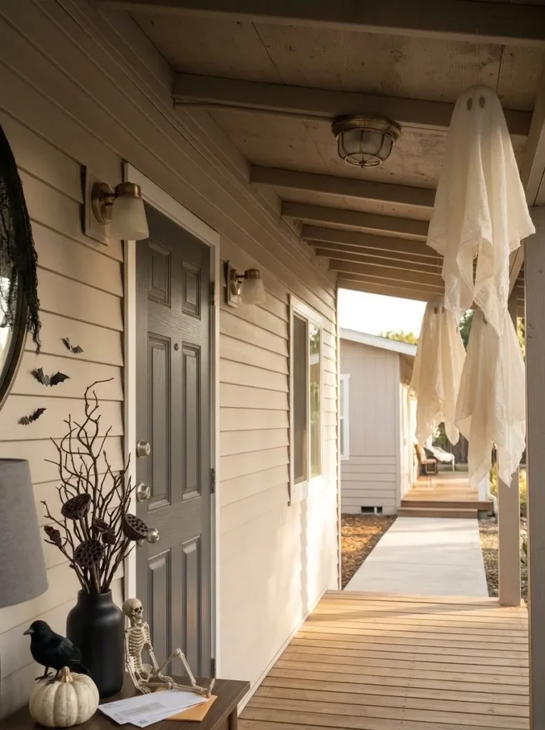 Three lightweight Halloween ghosts hang above the outer edge of a small mobile home entry while the path to the door stays open.
