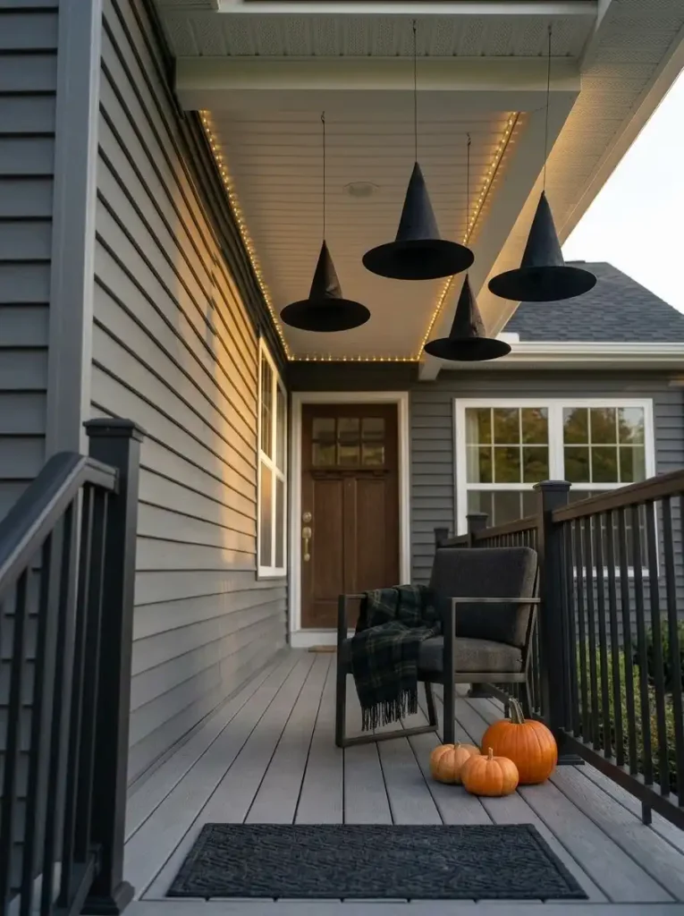 Matte-black witch hats float above one double-wide porch seating bay while the entry ceiling and floor remain uncluttered.