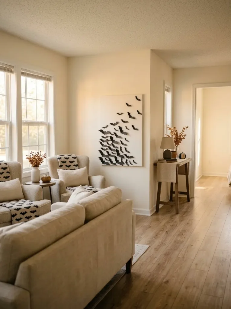 Removable black bat flight panel decorating a narrow wall in a single-wide mobile home living room.