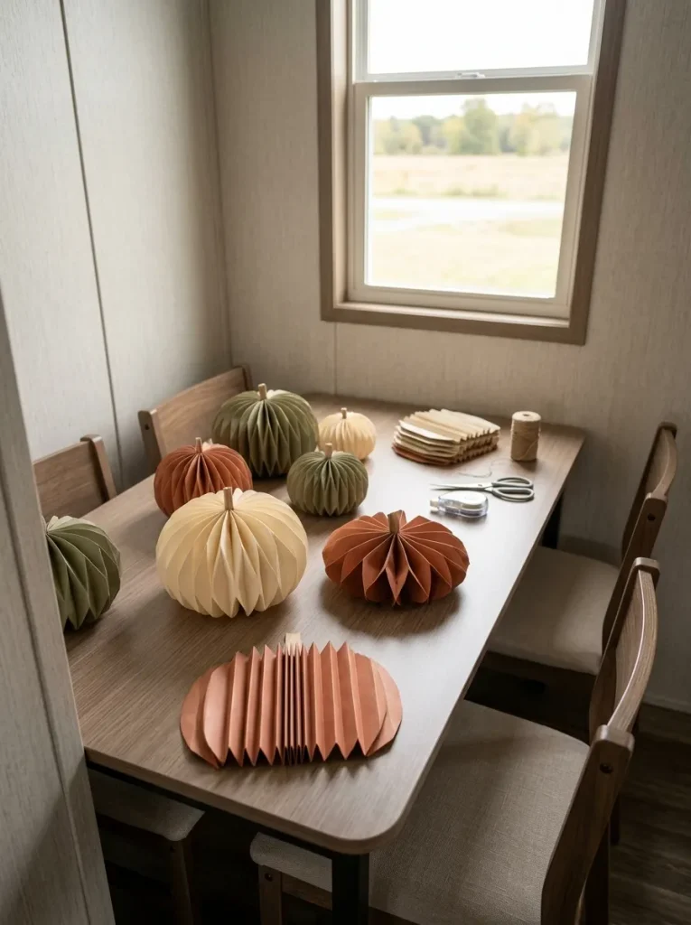 Opened and partially folded paper pumpkins on a small mobile home dining table showing how the DIY can store nearly flat.