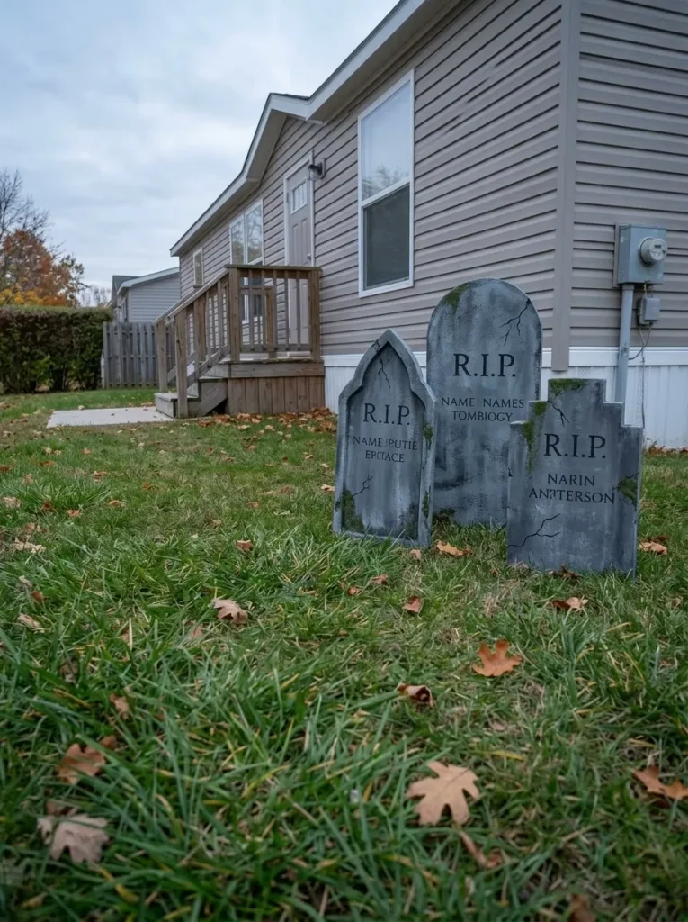 Three fold-flat DIY Halloween tombstones arranged along the edge of a small mobile home yard.