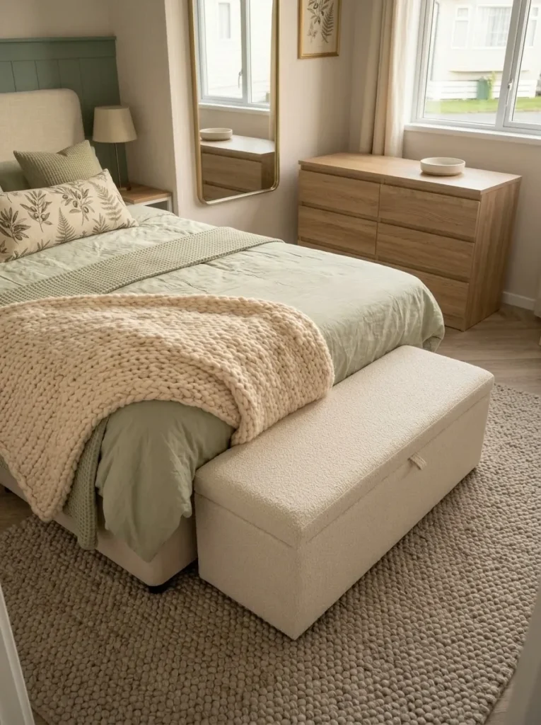 Foot-of-bed furniture earns its place only when the seating or storage benefit does not interrupt ordinary movement.