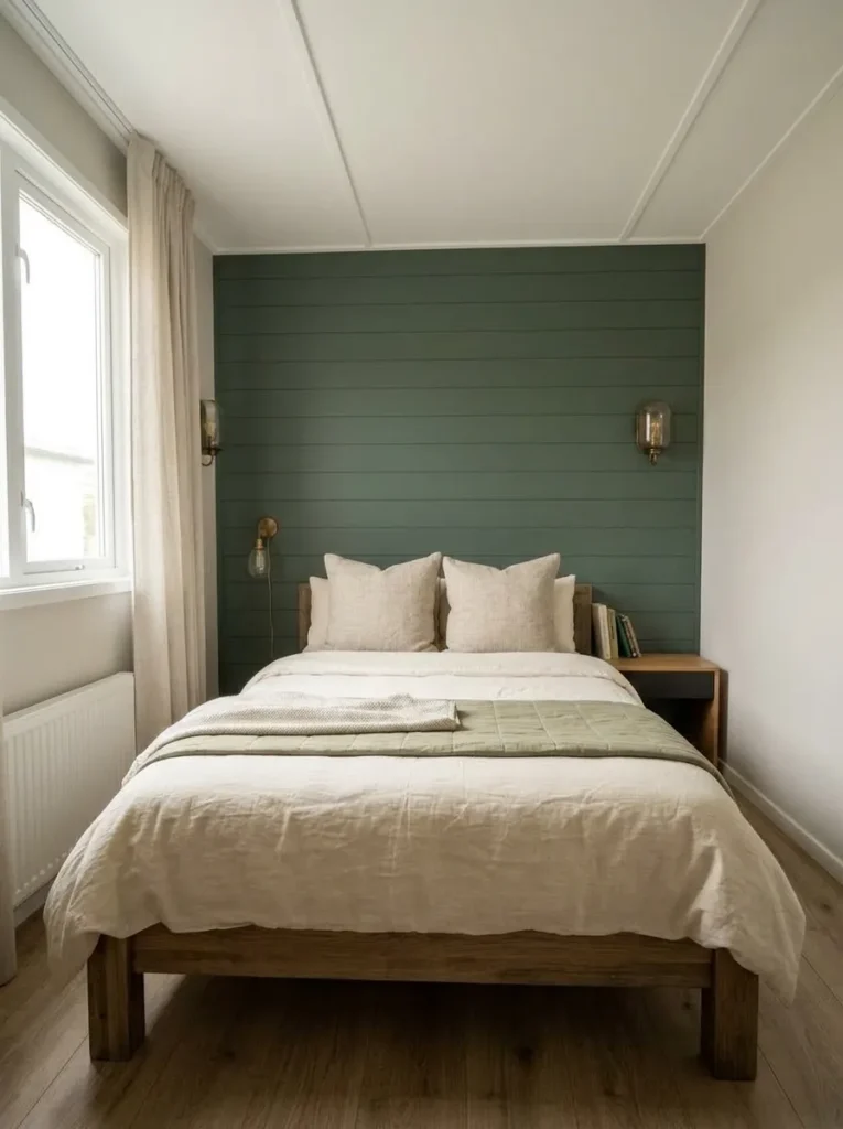 Forest-green accent wall behind a warm oak bed creates a cozy focal point in a small mobile home bedroom.