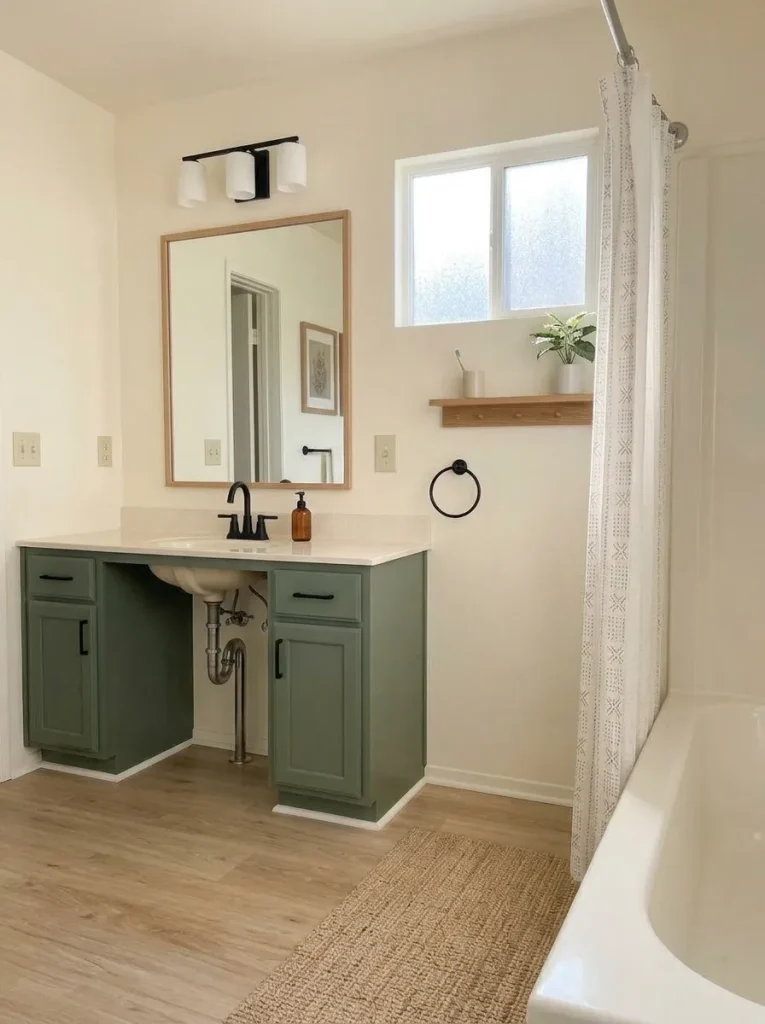 Existing mobile-home bathroom mirror framed with a slim oak border that aligns cleanly with the vanity below.