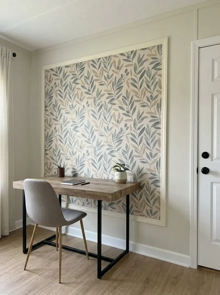 Mobile home work nook with one large framed botanical peel-and-stick wallpaper panel surrounded by plain greige wall.
