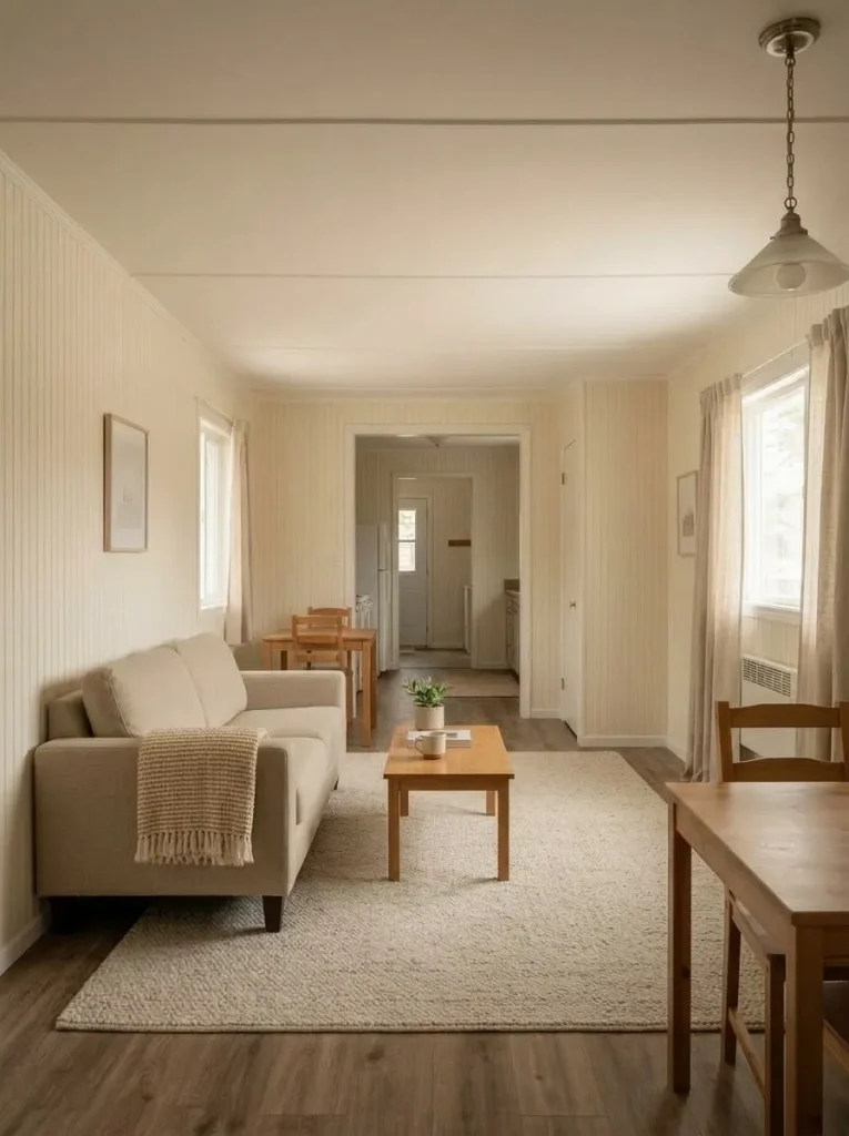 Full-length curtains mounted above a modest mobile home window make the wall appear taller and more finished.
