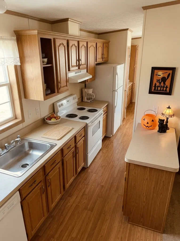 Defining one safe display zone lets the kitchen feel richly nostalgic without sacrificing prep space, appliance use, or circulation.