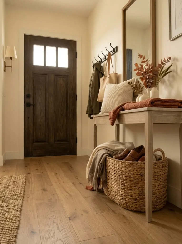 Functional woven basket under a mobile home entry bench storing scarves and shoes while adding natural fall texture.