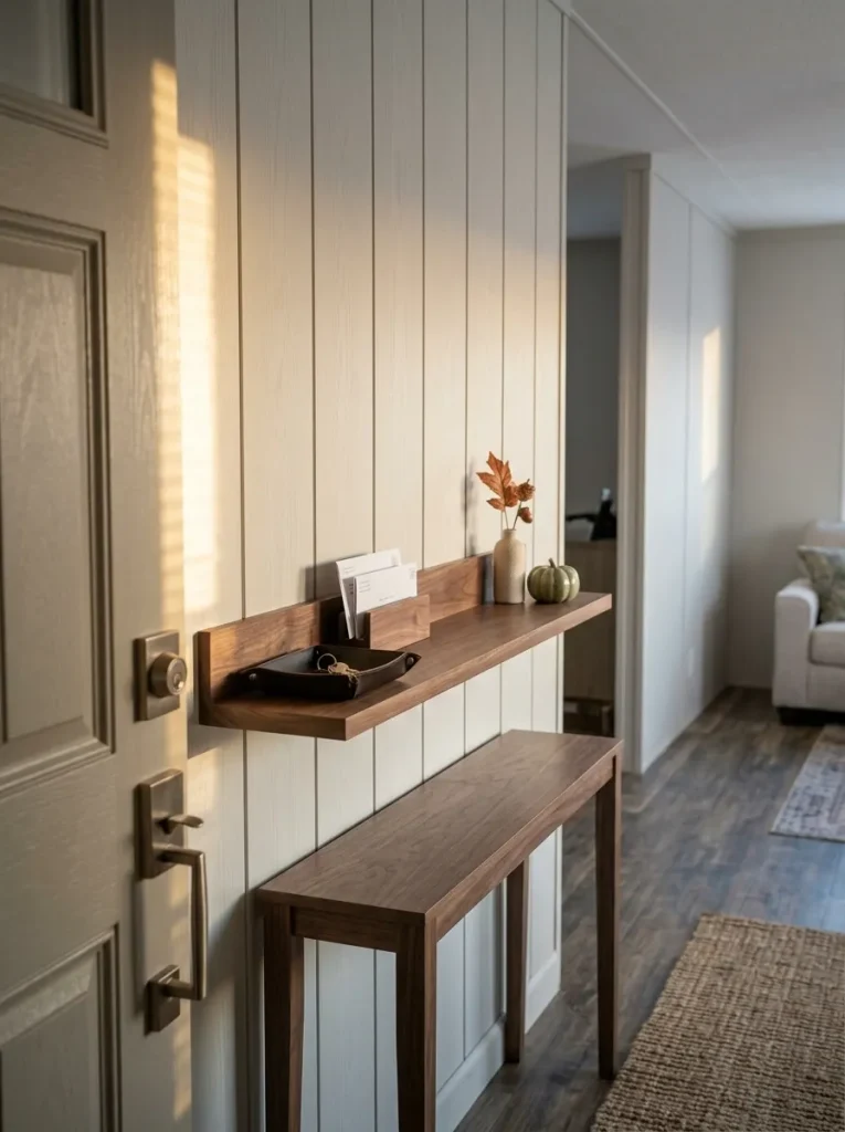Giving keys and mail priority keeps a small entry functional while a tiny seasonal arrangement adds fall color without taking over.