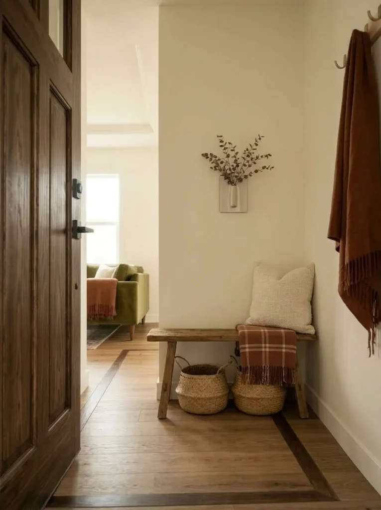 Functional small mobile home entry bench with one fall pillow, folded throw, baskets, and plenty of open seating space.