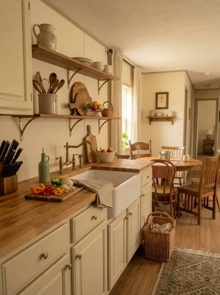 Functional thrifted crocks, pitchers, boards and baskets arranged with breathing room on open shelves in a compact mobile home kitchen.