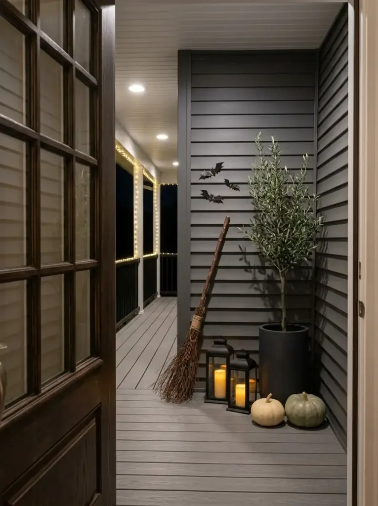 Rustic broom, black lanterns, olive tree and neutral pumpkins create a restrained Halloween vignette against double-wide siding.