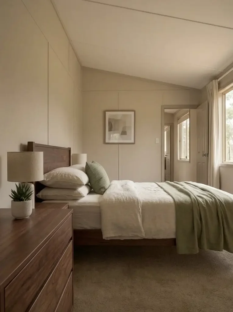 Warm greige mobile home bedroom with dark walnut furniture, cream bedding, and eucalyptus accents.