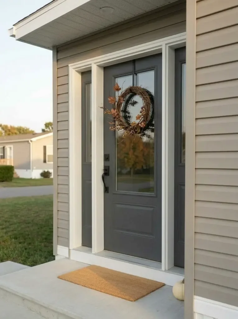Airy fall wreath on a half-lite mobile home door with autumn reflections still visible in the glass.
