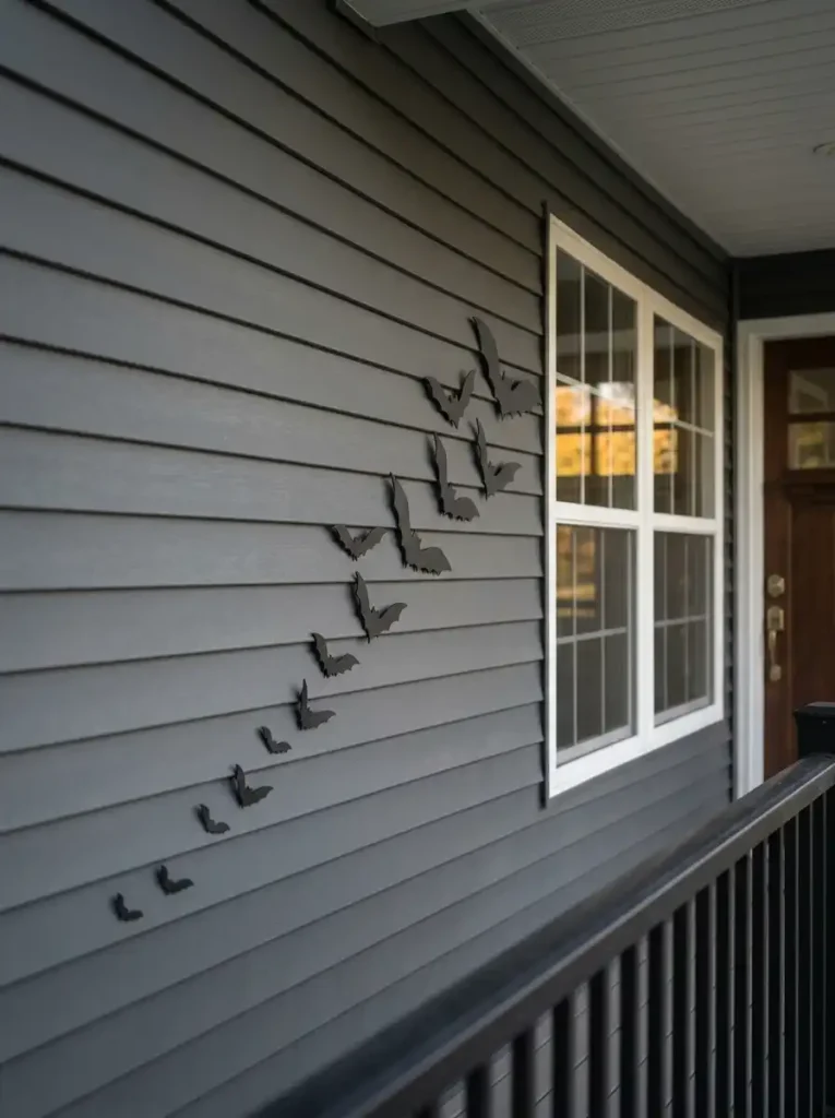 Black Halloween bats sweep diagonally across one siding bay of a charcoal double-wide while nearby walls remain undecorated.