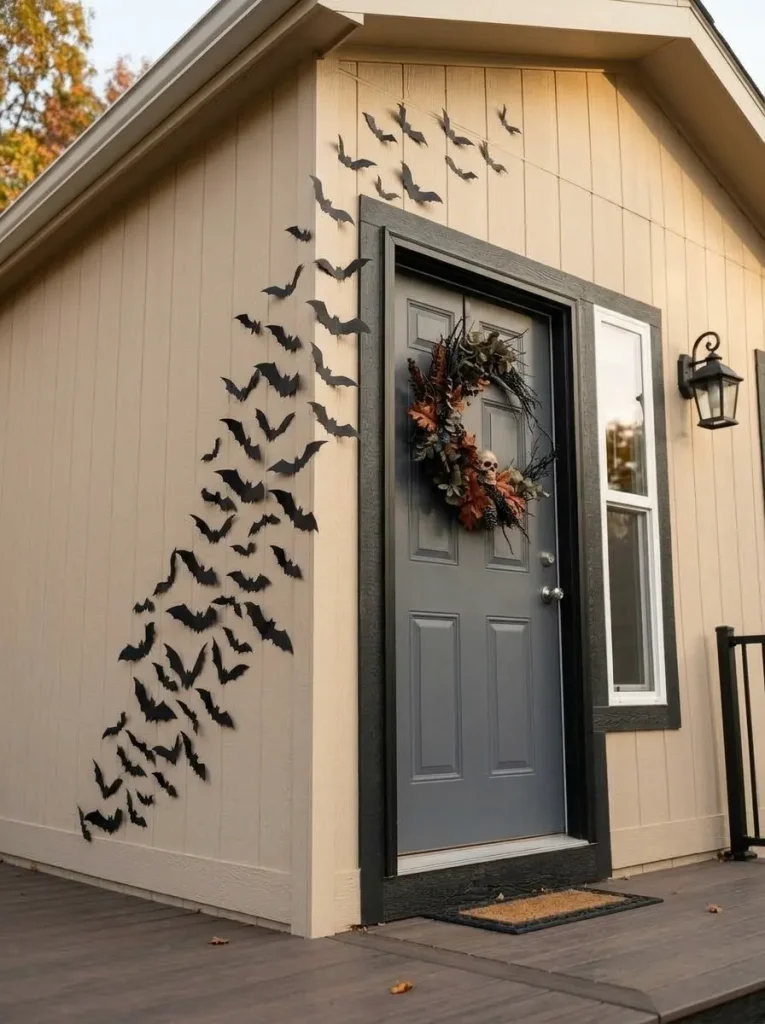 Black bat silhouettes rise diagonally along one side of a small mobile home doorway while the narrow porch floor remains clear.