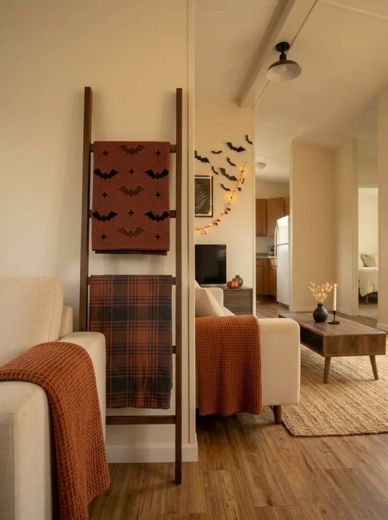 Slim blanket ladder beside a mobile home sofa holding Halloween textiles vertically without using another table or floor basket.