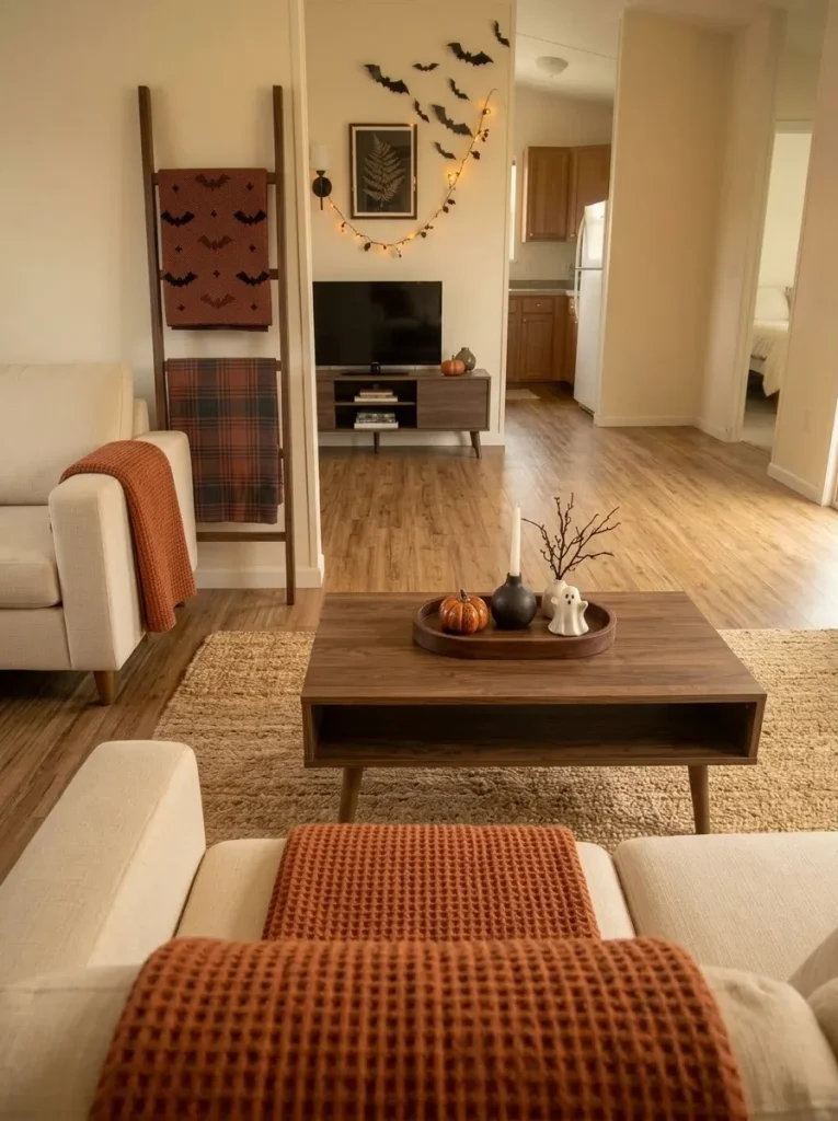 Elevated view of a compact Halloween tray on a mobile home coffee table with clear tabletop and circulation around it.