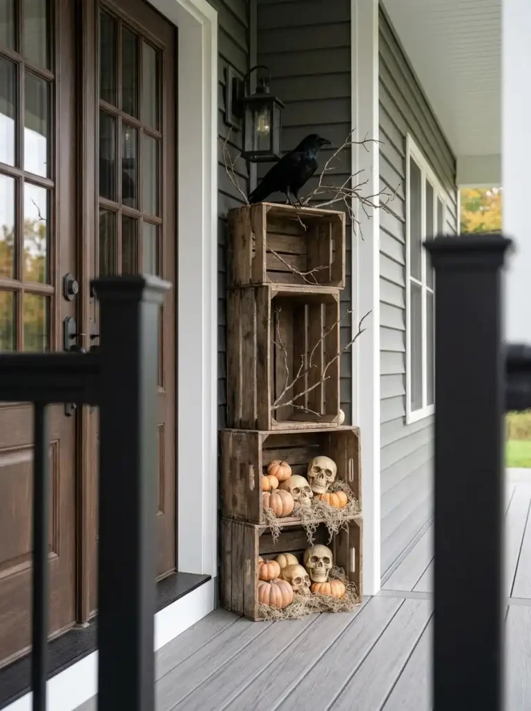 Weathered crates stack pumpkins, faux skulls and a raven vertically on a narrow section of double-wide porch.
