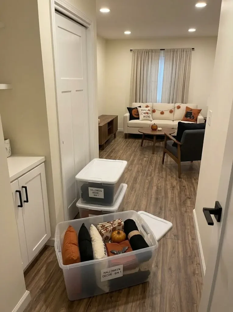Small mobile home stores Halloween decor in one organized bin containing foldable textiles, a compact pumpkin, seasonal print, and other space-efficient accents.