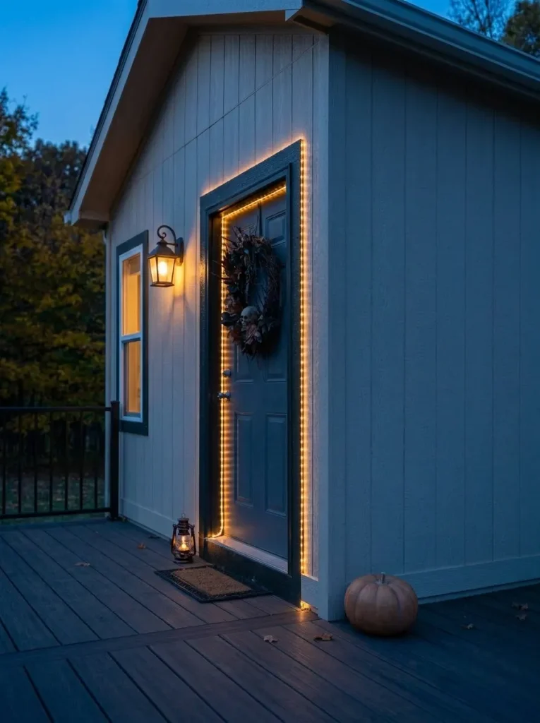 Warm amber Halloween lights outline a charcoal mobile home door at dusk while the compact landing stays mostly clear.