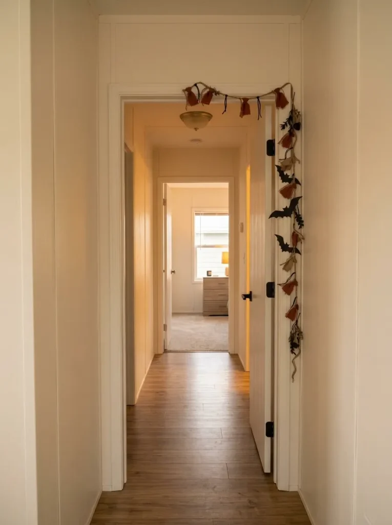 Centered mobile home doorway with sparse Halloween decor framing the opening while the view and walking path remain clear.