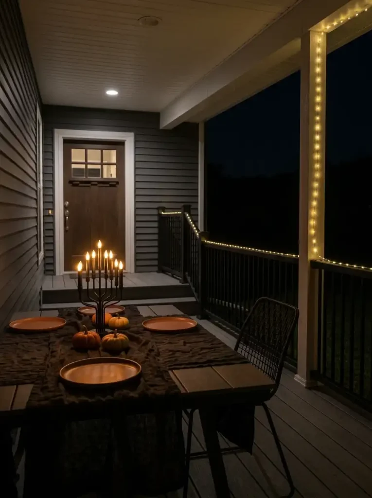 Usable double-wide porch dining table styled with small pumpkins, dark linens and warm Halloween lighting at night.