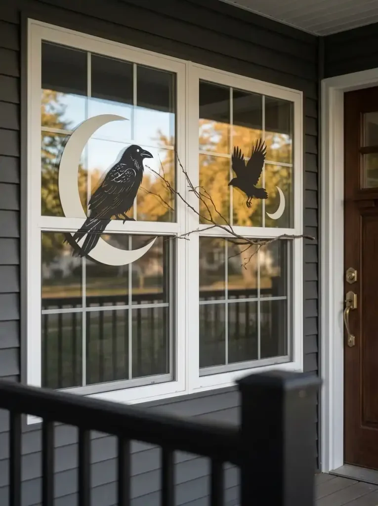Paired double-wide windows styled as one Halloween composition with a dominant raven-and-moon design and a smaller coordinating accent.