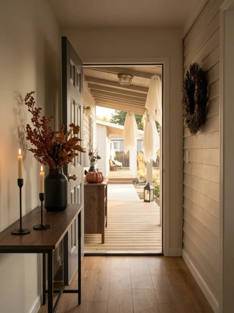 Black and rust Halloween accents repeat from a small mobile home porch into the indoor entry along one continuous sightline.