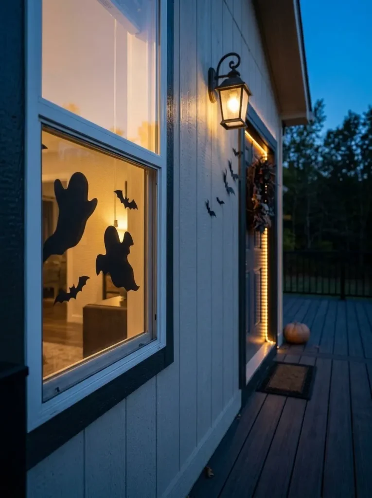 A softly backlit Halloween silhouette in the front window extends the decor beside a small mobile home entry without using floor space.