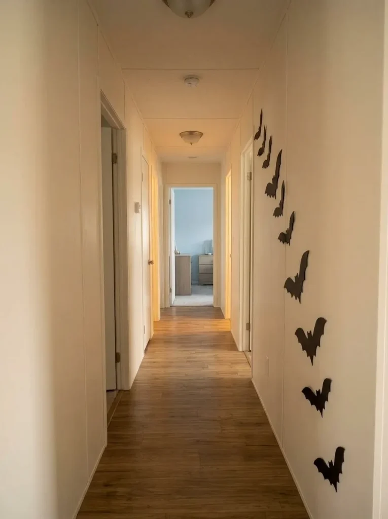 Narrow mobile home hallway with a diagonal trail of Halloween bats and a completely clear floor path.