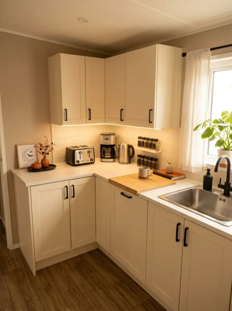 Wide mobile home kitchen with one small Halloween display in a corner and most of the countertop left clear for everyday use.