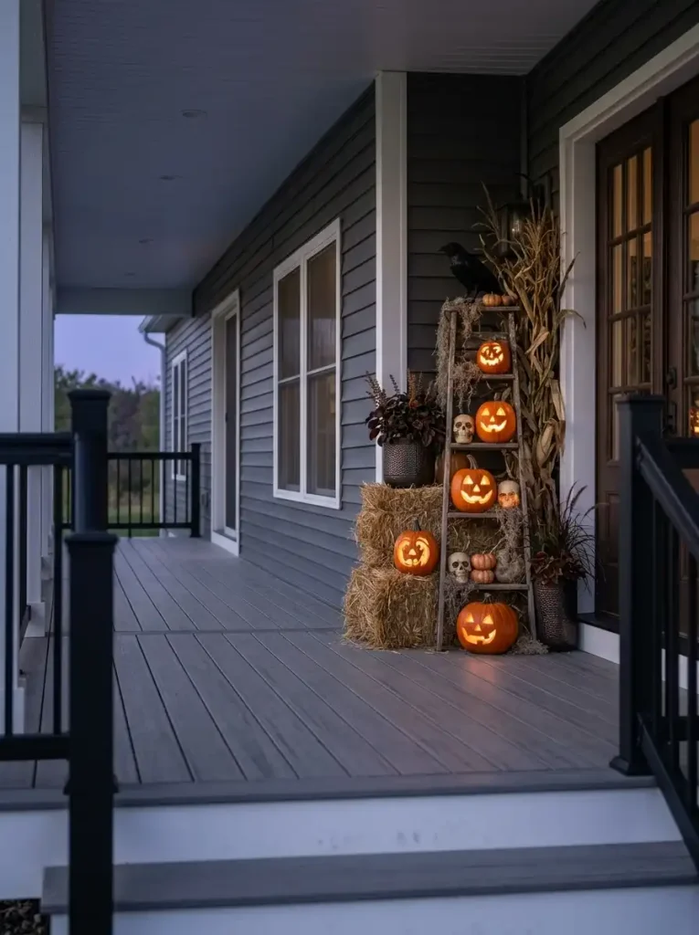 Rustic ladder, hay bales, glowing pumpkins and dried corn create a tall Halloween focal point at the end of a double-wide porch.