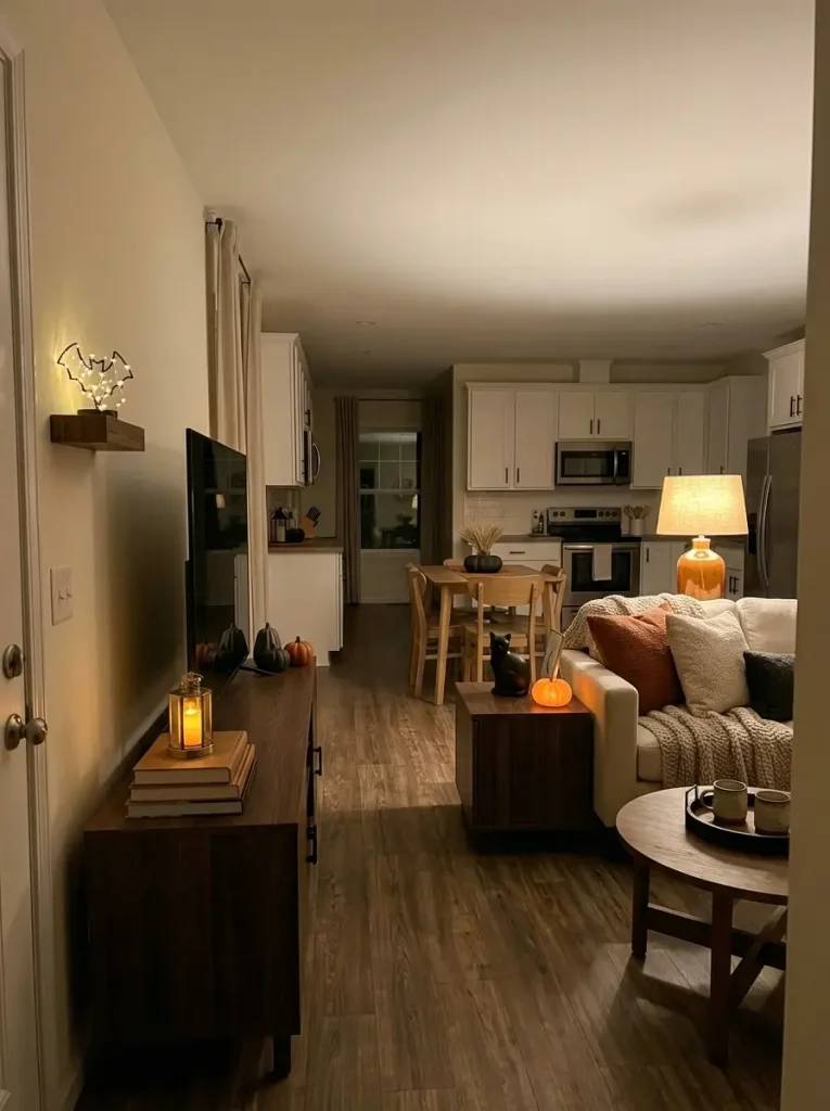 Small mobile-home living room at night uses three different levels of warm Halloween lighting while keeping furniture and pathways clear.