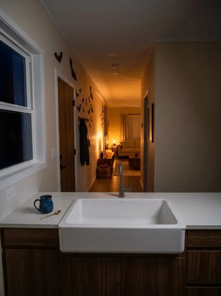 Nighttime mobile home living room where focused amber lighting strengthens a simple Halloween focal wall without adding more decor.