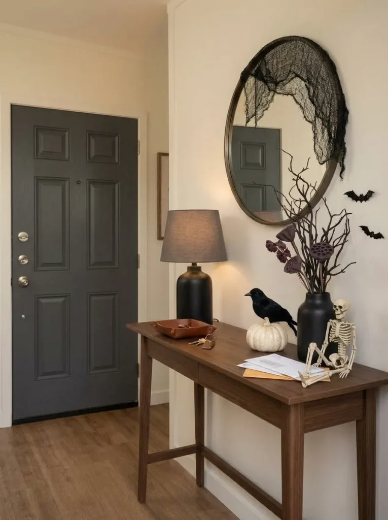 Halloween mirror vignette with black gauze and a small skeleton reflecting the mobile home entry and living room beyond.