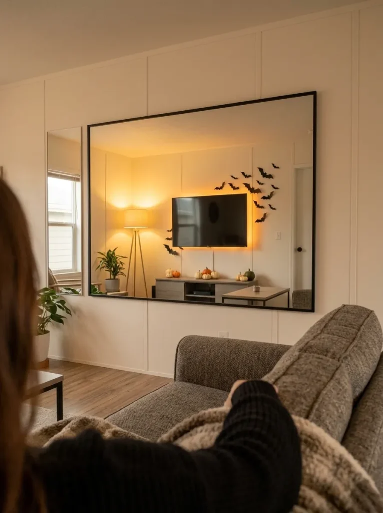 Mobile home mirror reflecting the existing Halloween TV-wall display instead of adding another separate decoration.
