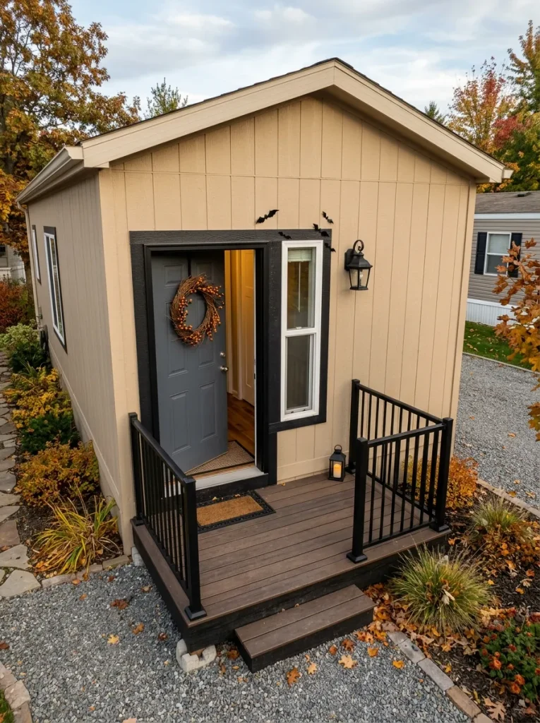 High-angle view of a compact mobile home entry showing the door, window, landing and clear walking path before Halloween decor is added.