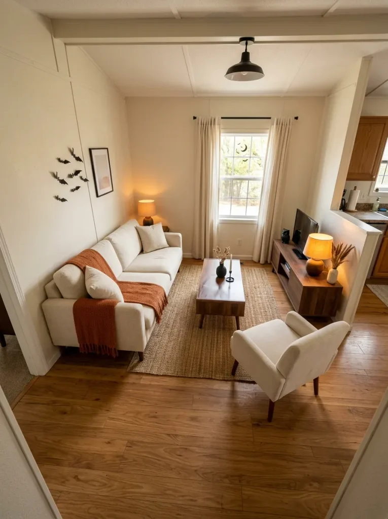 Elevated view of a small mobile home living room showing open circulation and several possible Halloween decorating planes.