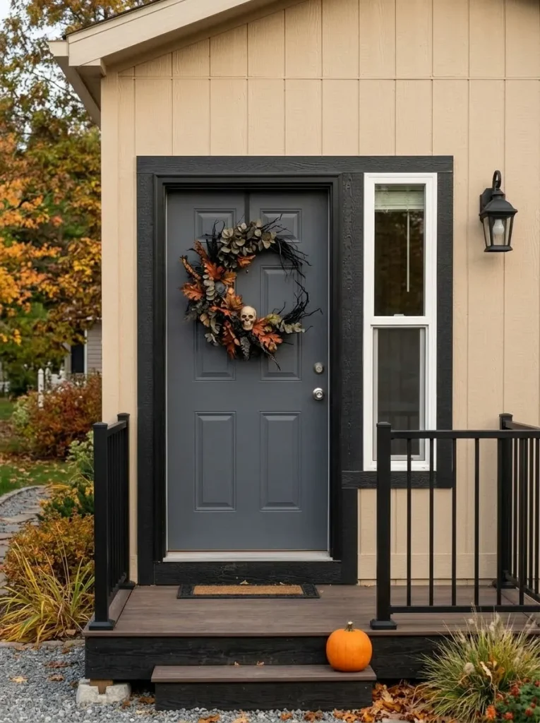Straight-on view of a small mobile home front door with one large dark Halloween wreath and minimal surrounding decor.