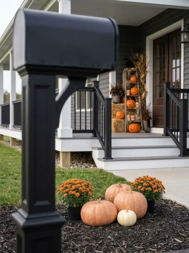 Small pumpkin-and-mum mailbox display echoes the Halloween palette of the double-wide porch visible in the background.
