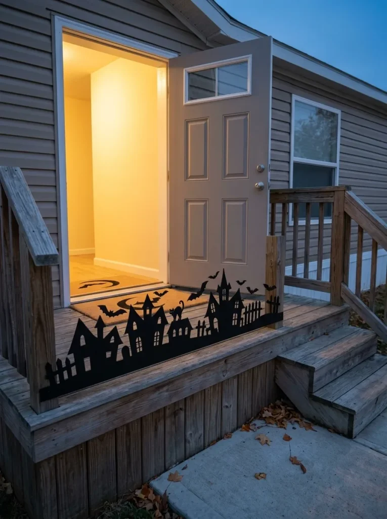 Lightweight haunted silhouette strip decorating the railing of a small mobile home porch.